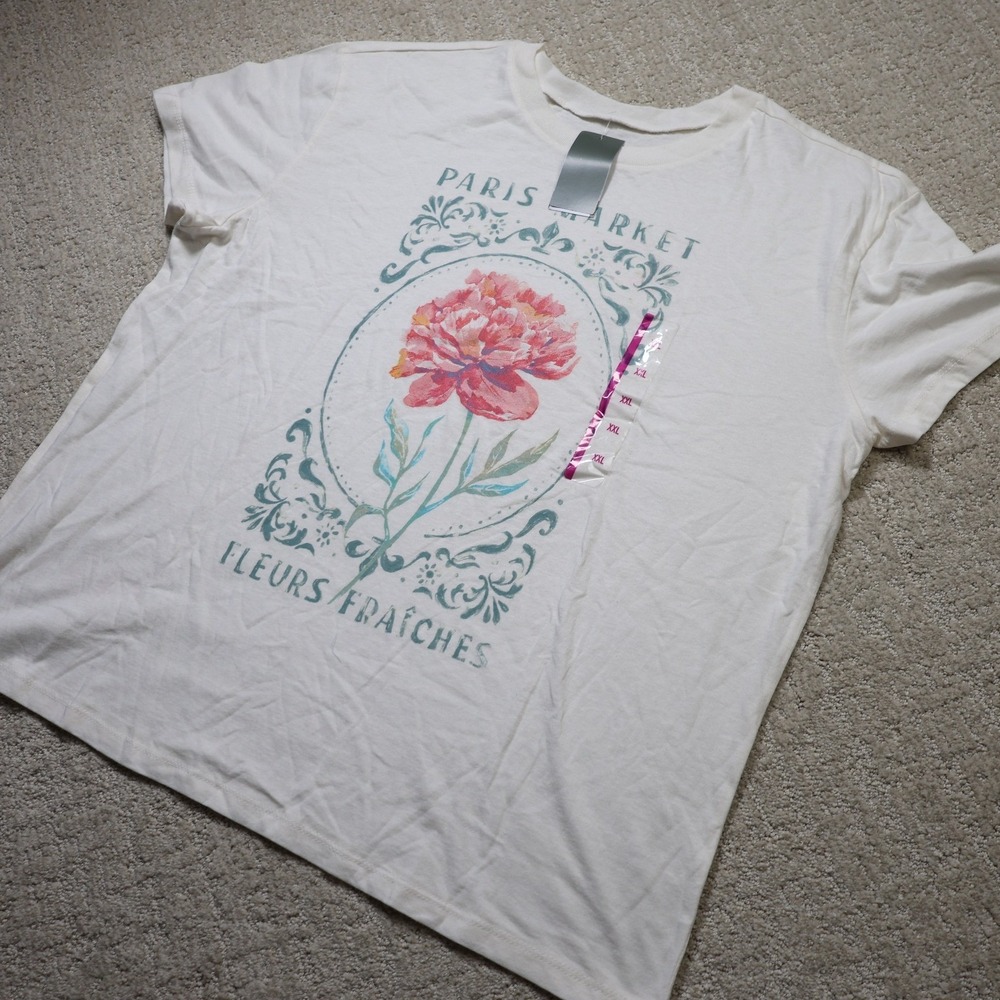Doe Paris Market Fleurs Fraiches Graphic Tee Cream XXL Floral Peony T-Shirt
